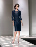 Navy Blue Lace Taffeta Mother Dress With Cape